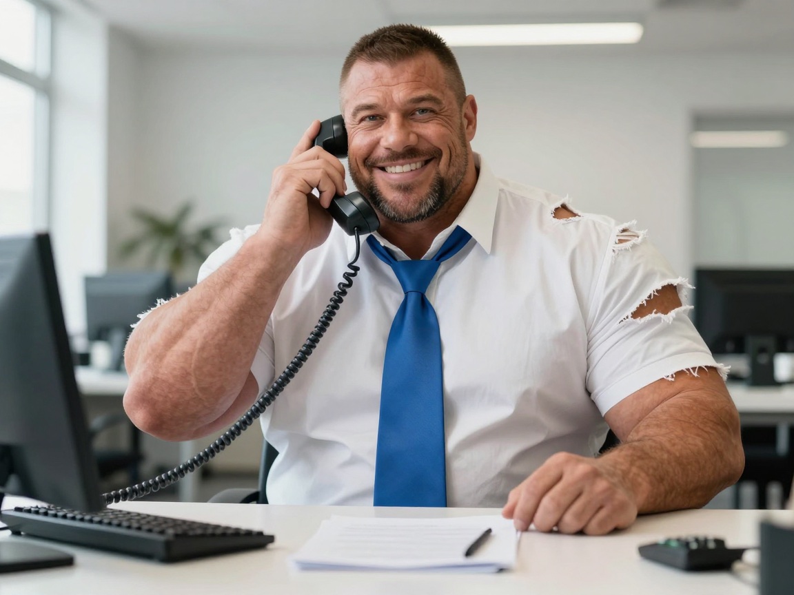 Stefan, die Telefonkraft: ein sehr muskulöser Mann in weißem Hemd mit abgerissenen Ärmeln und blauer Krawatte, sitzt am Schreibtisch und telefoniert freundlich.